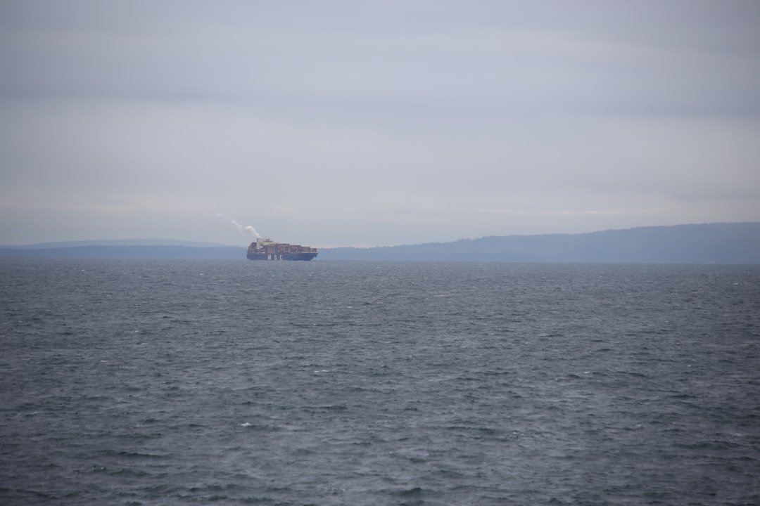 A large cargo ship sails on a calm sea.